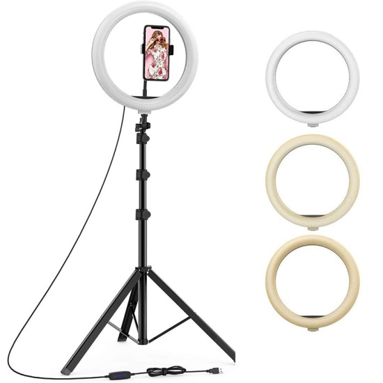 Lampa circulara Ring Light, ideala pentru Make-up, Vlogging, Live Stream, Suport telefon, 3 trepte lumina, Telecomanda pe fir, Trepied inclus