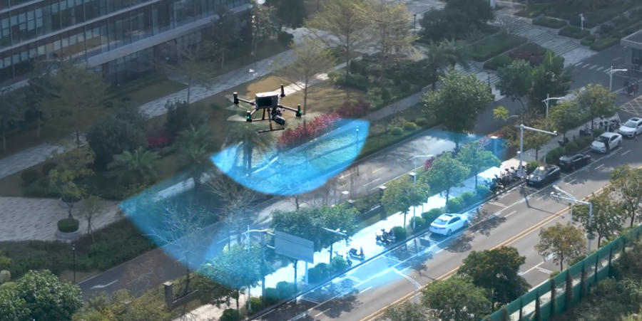 Drona DJI Matrice 350 RTK pilotată în traficul dintr-un mediu urban poza arată grafic capabilitatea sonoră a DJI Zenmuse V1