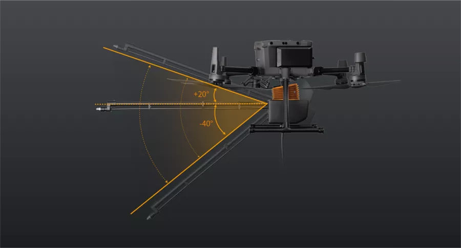 Reprezentare grafică portocalie a mișcării de unghi de la +20° la -40° a sistemului Wisson Orion AP3-P3 montat în partea de jos a dronei DJI Matrice 350 RTK pe un fundal gri închis